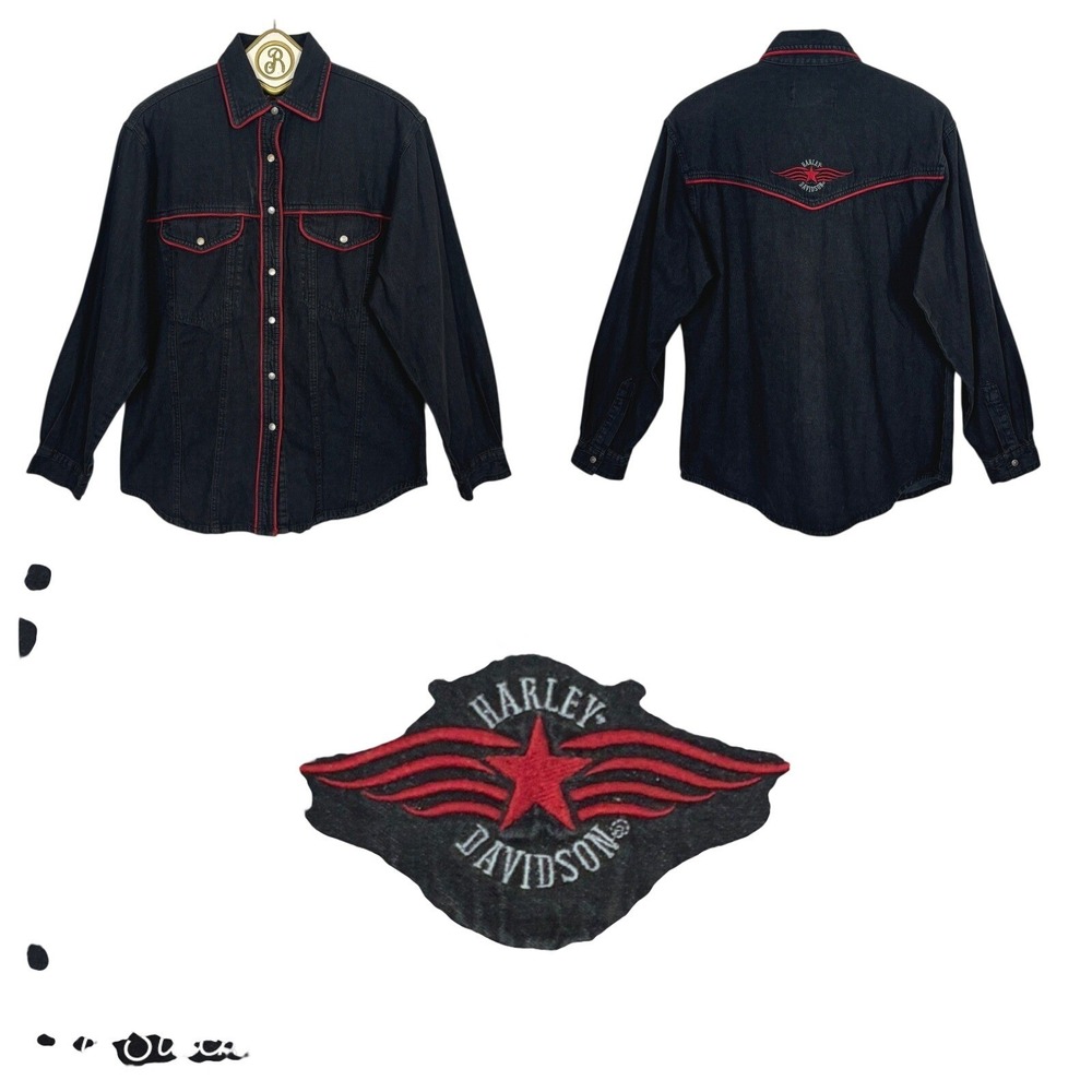 Harley Davidson Denim Shirt Black Red Western Biker Moto Embroidered Women M